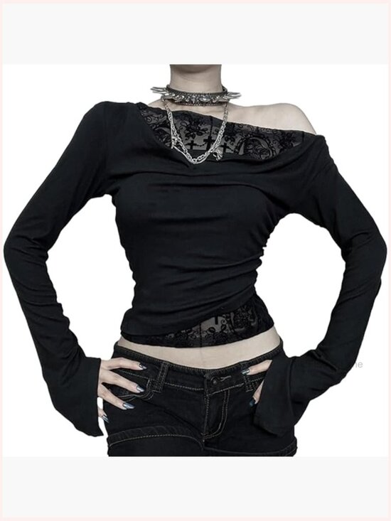 Tops - Off Shoulder Goth Crop Top Mesh Patchwork Long Sleeve Blouses Y2k Outfits